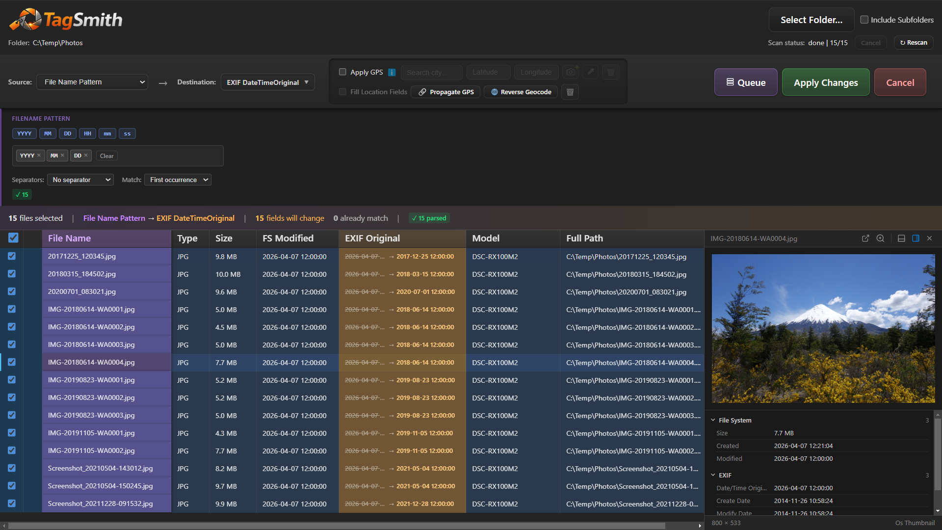 Recover dates from filenames using flexible token patterns – works with WhatsApp photos, screenshots, and scanned prints
